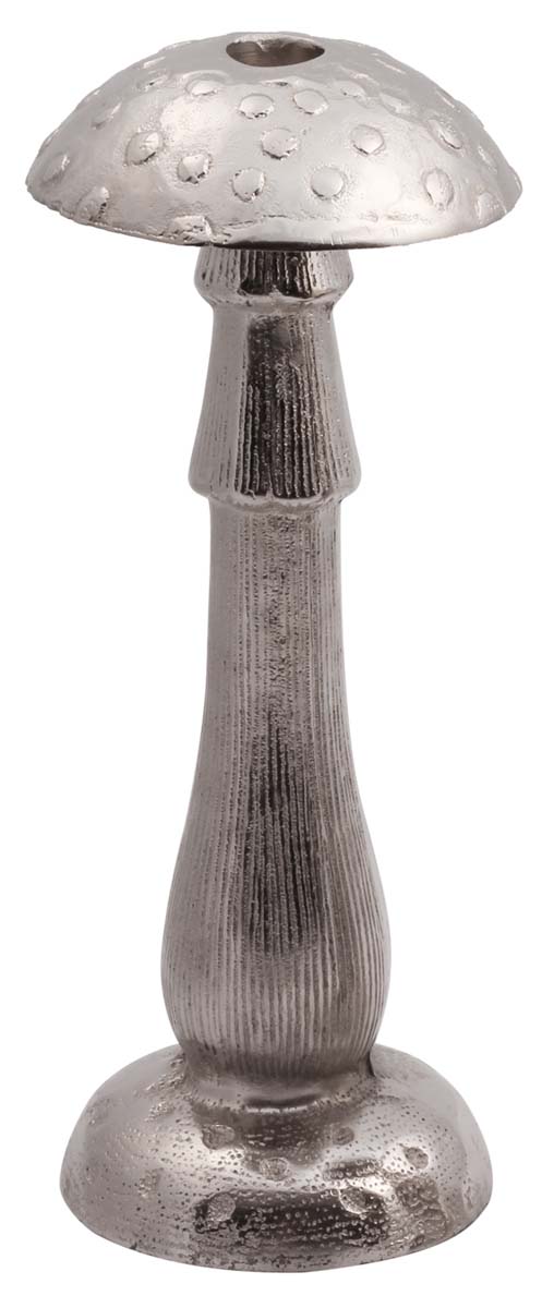 11” Mushroom Candle-Holder in Aluminum – Embossed - Silver Tone – Handmade Home Décor / Unique Gifts